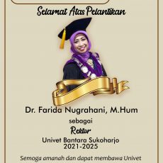 Selamat atas Pelantikan Dr. Farida Nugrahani, M.Hum sebagai Rektor Univet Bantara Sukoharjo 2021-2025